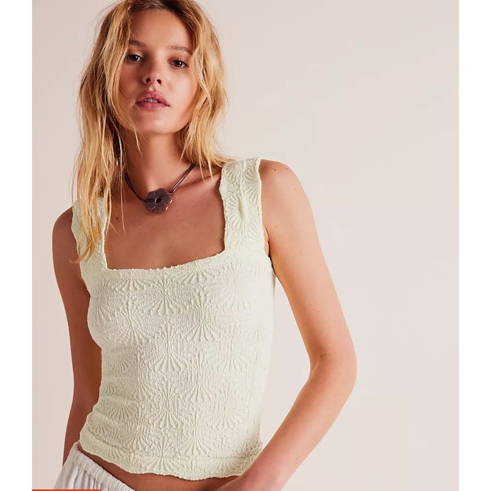 Free People Love letter Textured Crinkle Tank Top Cream Square Sleeveless Small